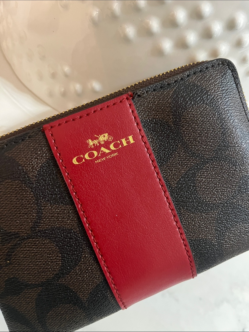 Coach Brown Signature Canvas Wristlet with Red Stripe - Picture 3 of 5